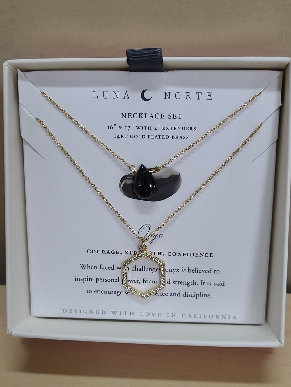Luna Norte 14kt Gold Plated Brass 16" & 17" with 2" Extenders Onyx Charm NWT